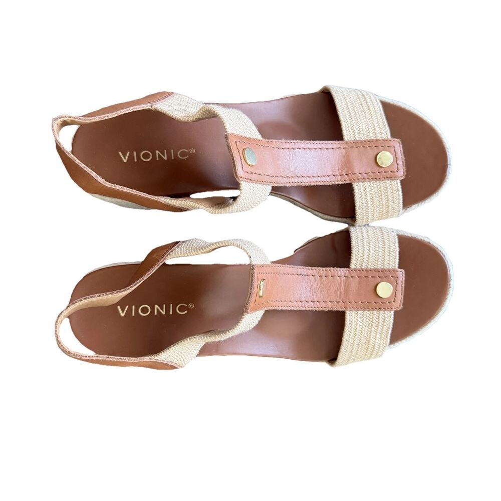 Vionic Calera Wedge Espadrille Sandal Camel Brown Leather Sz 9.5 Strappy Comfy - Picture 3 of 6